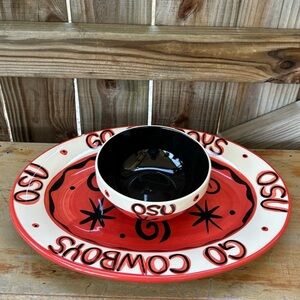 Vintage Gail Pittman Hand Painted OSU Go Cowboys Oklahoma Platter & Bowl Set